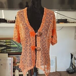 Orange Crochet Cardigan with Wooden Toggle Buttons